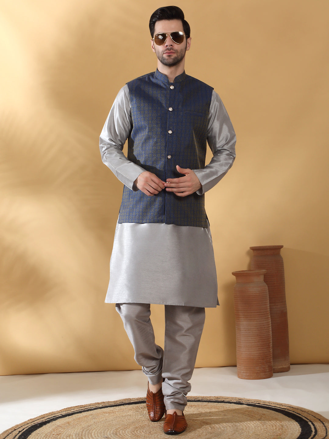 Grey Silk Blend Kurta churidar with Jacquard Geometric Sleeveless Nehru Jacket set