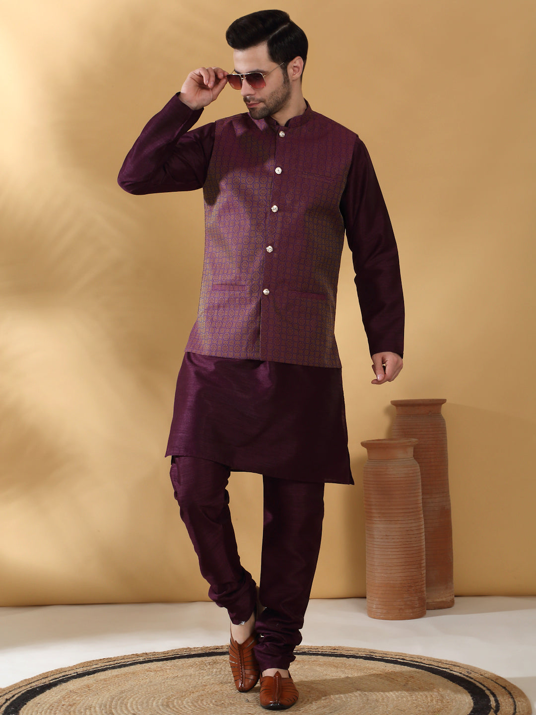 Purple Silk Blend Kurta churidar with Jacquard Geometric Sleeveless Nehru Jacket set