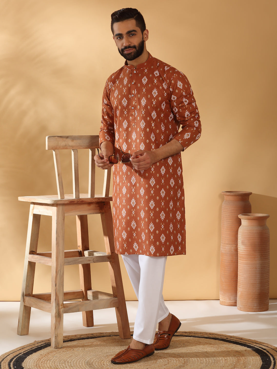 Cotton Blend Geometric Printed Straight Long Regular Kurta and Elastic Waistband Pyjama Set
