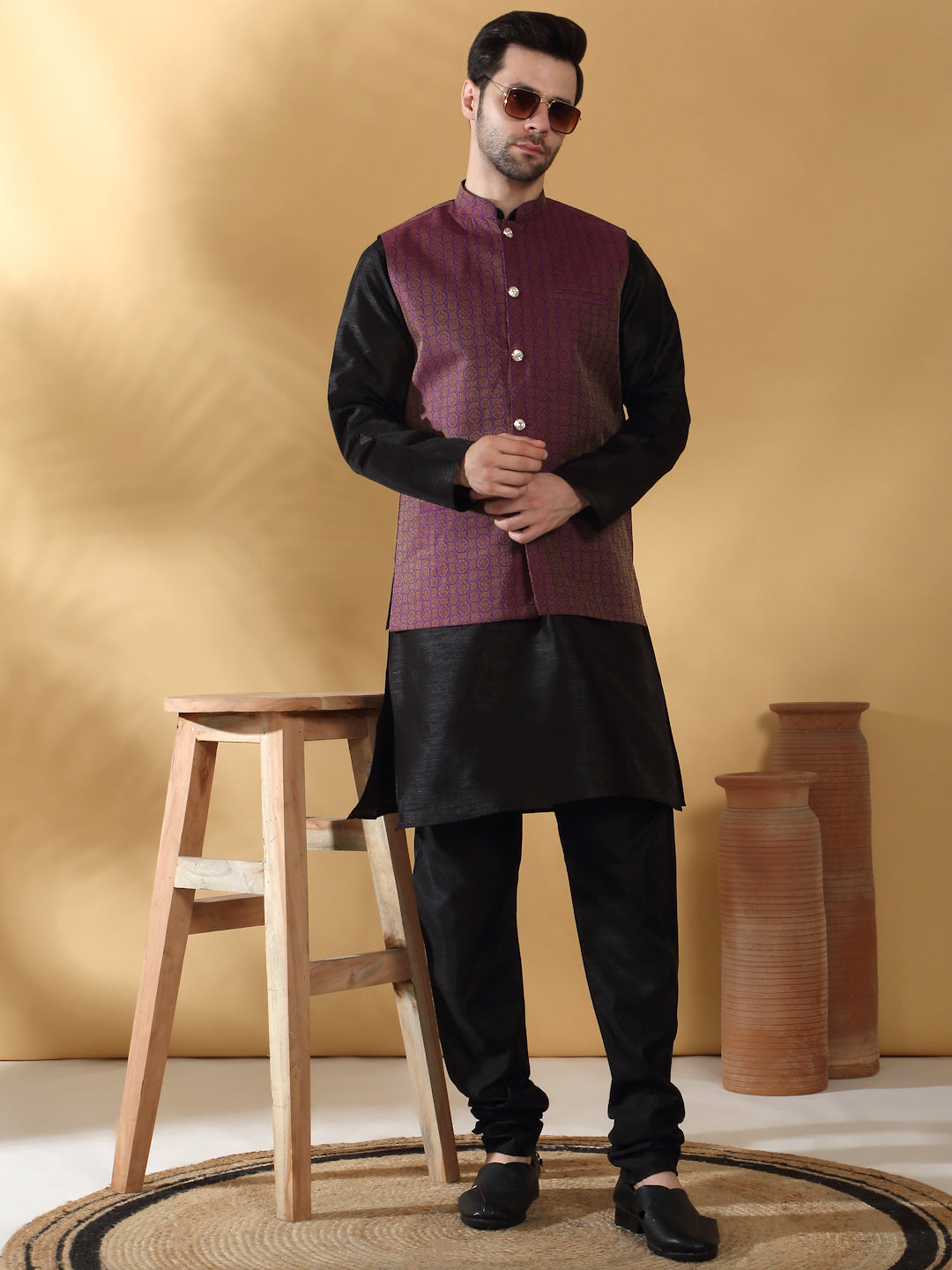 Black Silk Blend Kurta churidar with Jacquard Geometric Sleeveless Nehru Jacket set