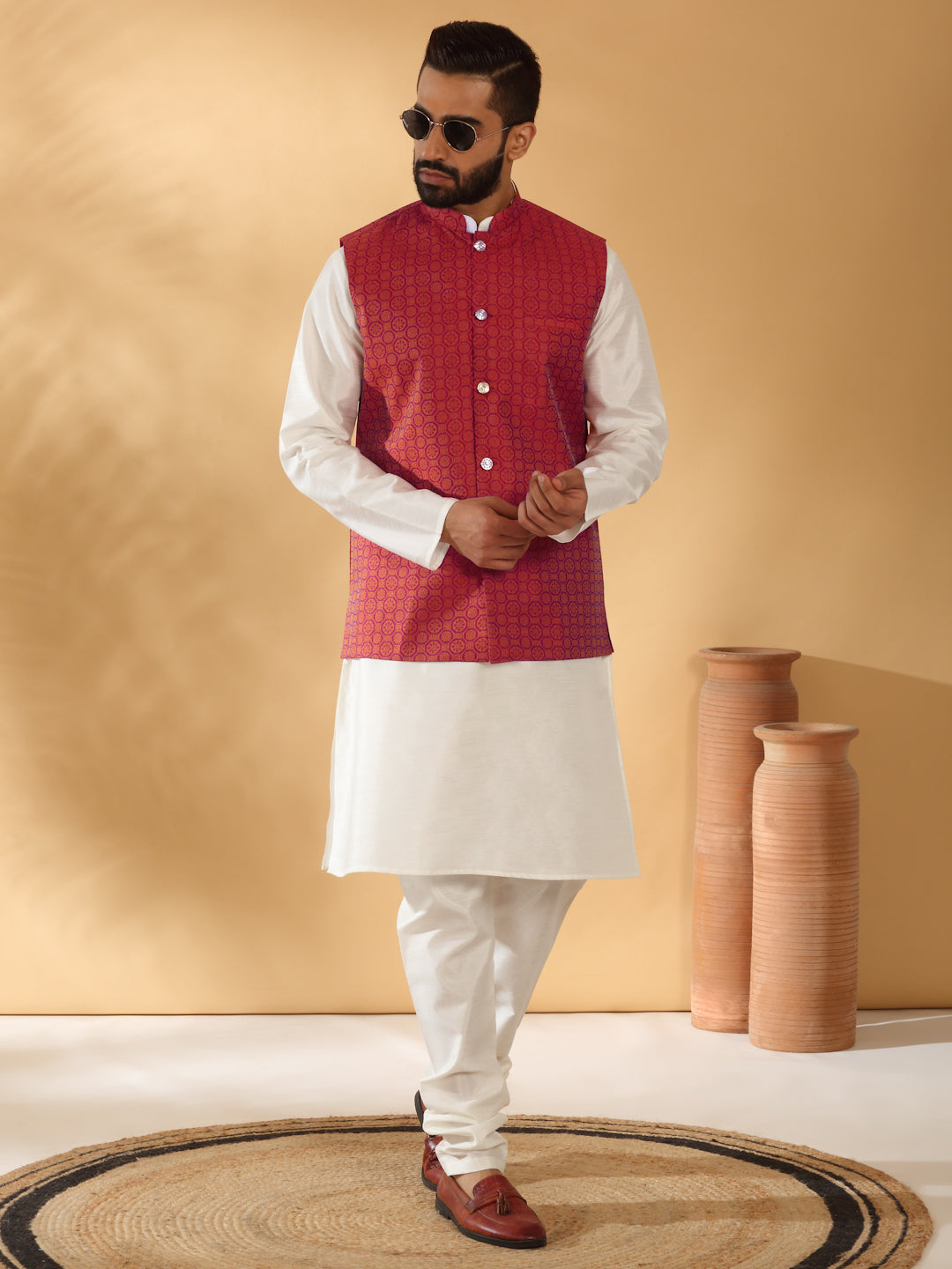 Cream Silk Blend Kurta churidar with Jacquard Geometric Sleeveless Nehru Jacket set