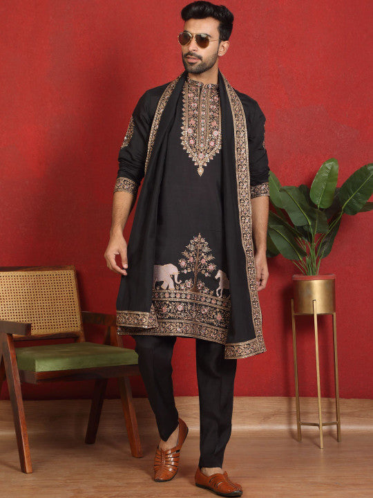 LUXE - Men Ethnic Motifs Embroidered Regular Thread Work Kurta with Trousers & With Dupatta