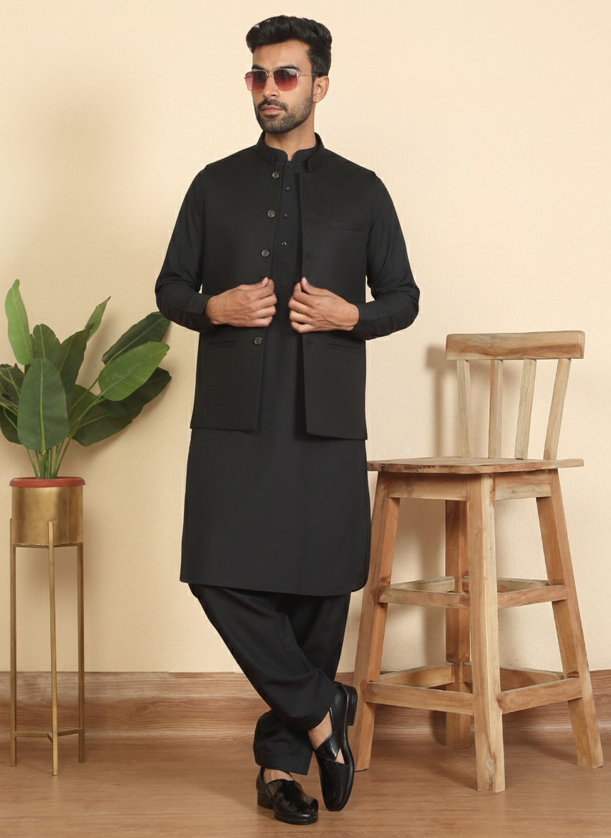 Men Mandarin Collar Pathani Kurta Salwar Set with Solid Twill Nehru Jacket