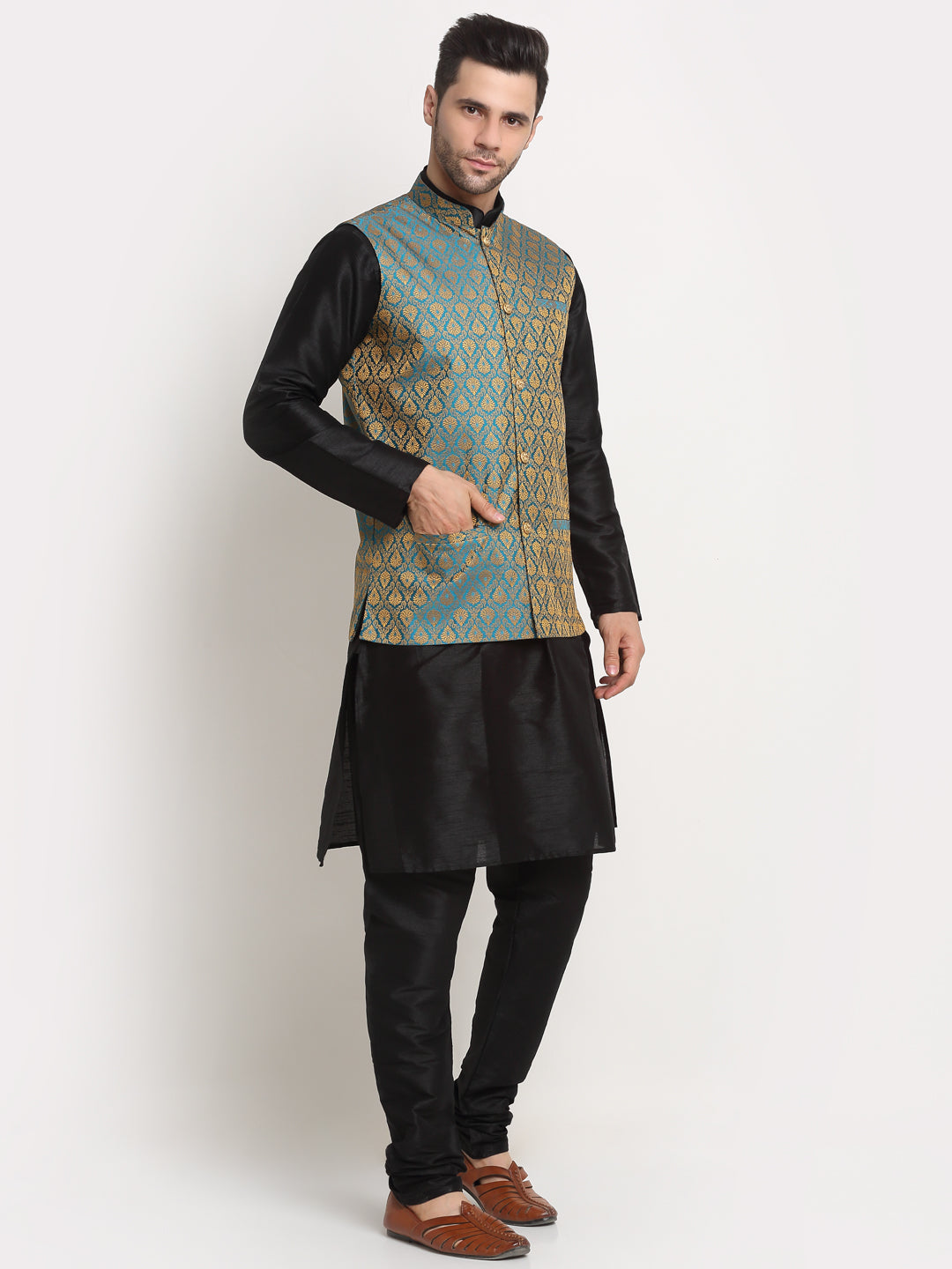 KRAFT INDIA Mens Black Silk Blend Kurta and churidar with Paisley Nehru jacket