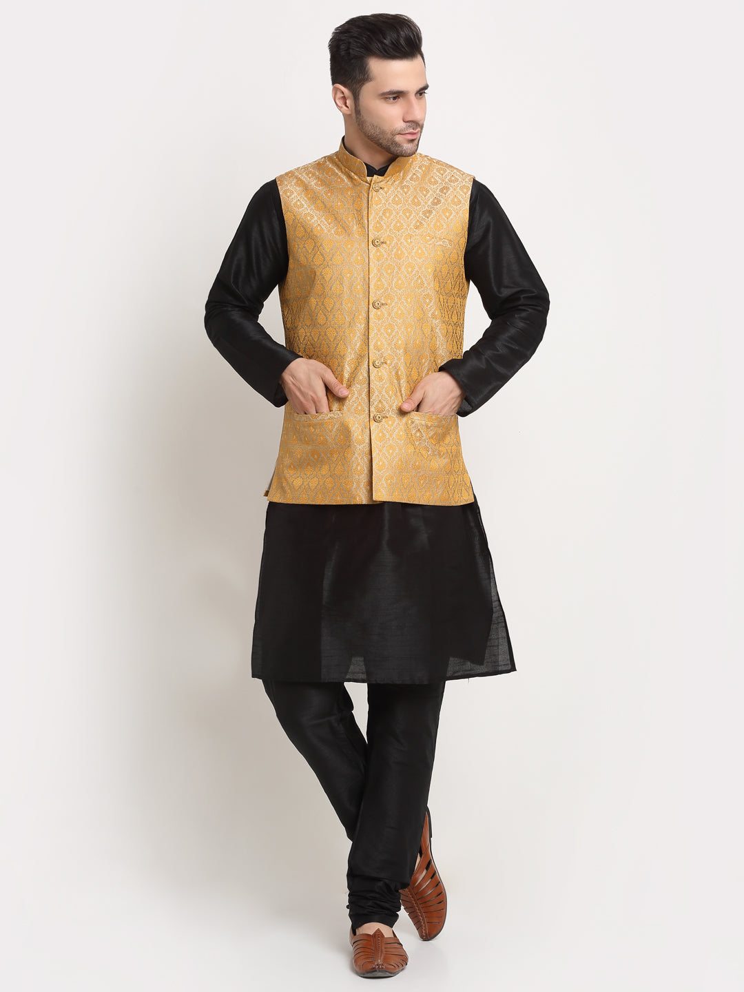 KRAFT INDIA Mens Black Silk Blend Kurta and churidar with Paisley Nehru jacket