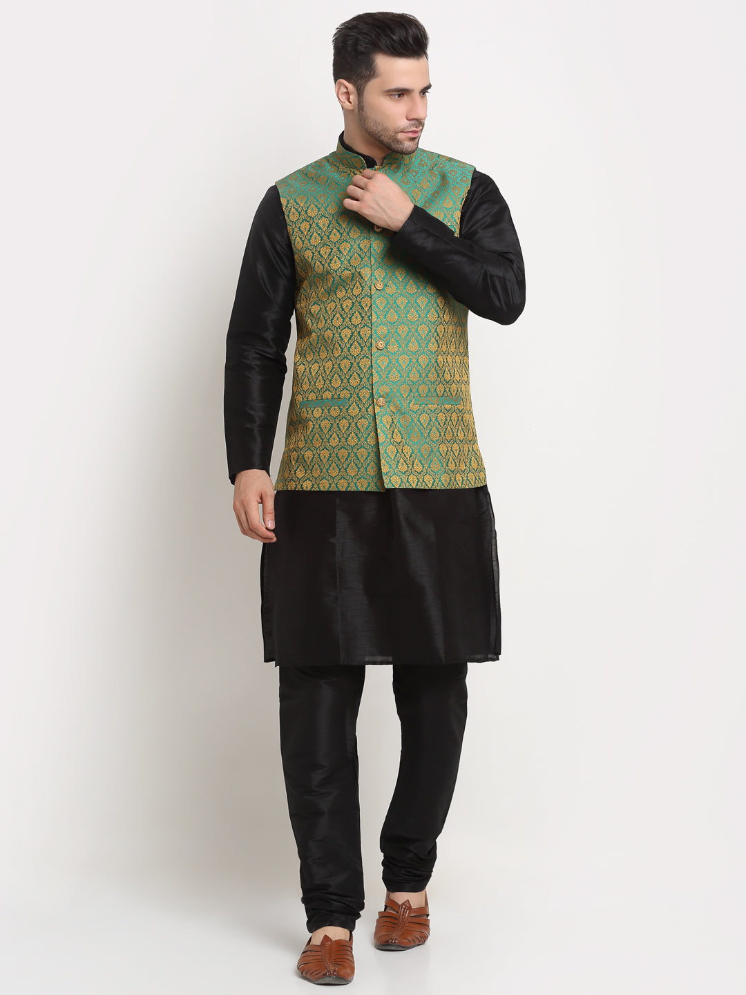 KRAFT INDIA Mens Black Silk Blend Kurta and churidar with Paisley Nehru jacket