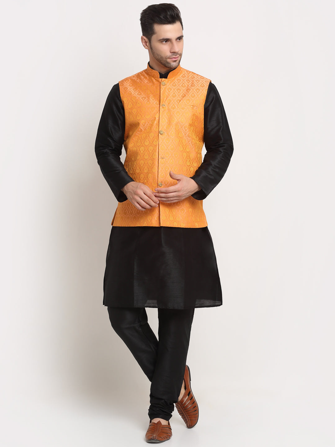 KRAFT INDIA Mens Black Silk Blend Kurta and churidar with Paisley Nehru jacket