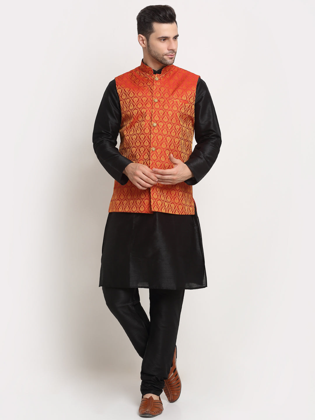 KRAFT INDIA Mens Black Silk Blend Kurta and churidar with Paisley Nehru jacket