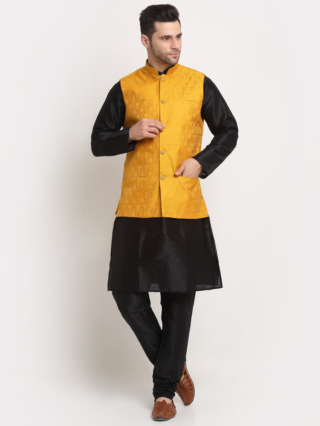 KRAFT INDIA Mens Black Silk Blend Kurta and churidar with Paisley Nehru jacket