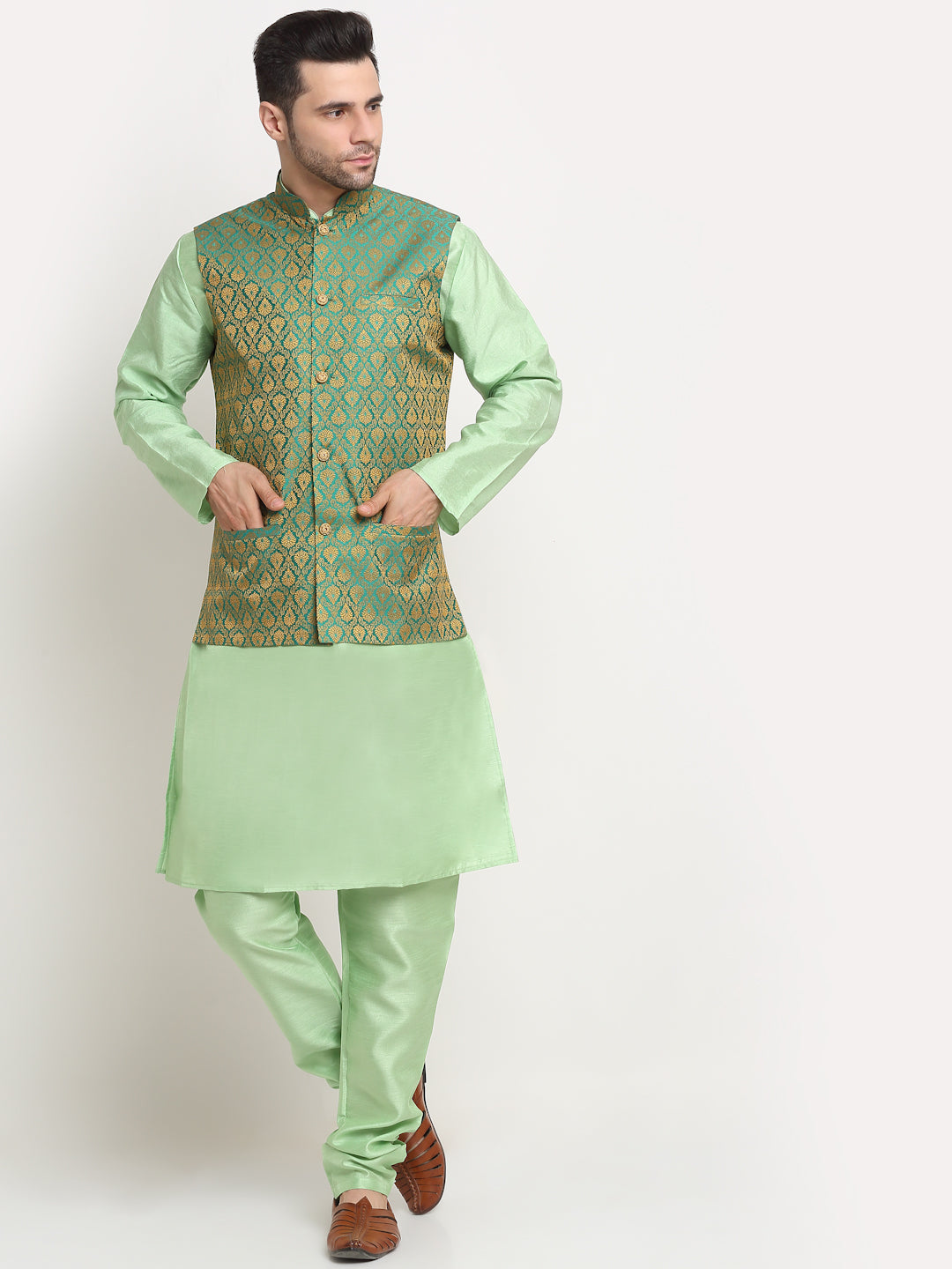 Sea Green Silk Blend Kurta and churidar with Paisley Green Nehru jacket