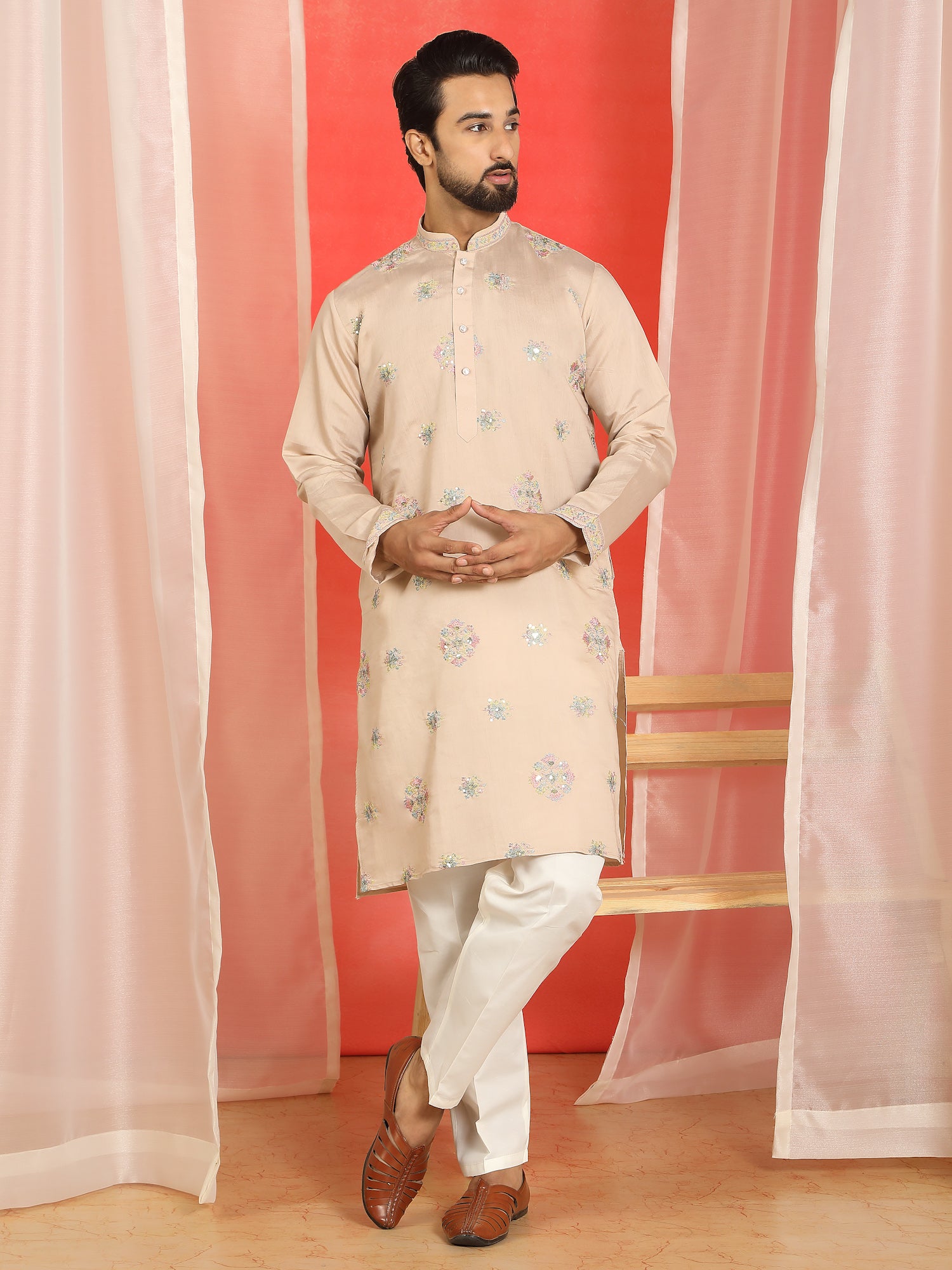 Men Cotton Silk Sequinned Floral Embroidered Straight Kurta with Trouser Set - Beige