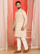 Men Cotton Silk Sequinned Floral Embroidered Straight Kurta with Trouser Set - Beige
