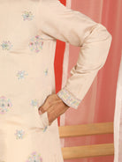 Men Cotton Silk Sequinned Floral Embroidered Straight Kurta with Trouser Set - Beige