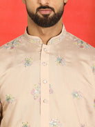 Men Cotton Silk Sequinned Floral Embroidered Straight Kurta with Trouser Set - Beige