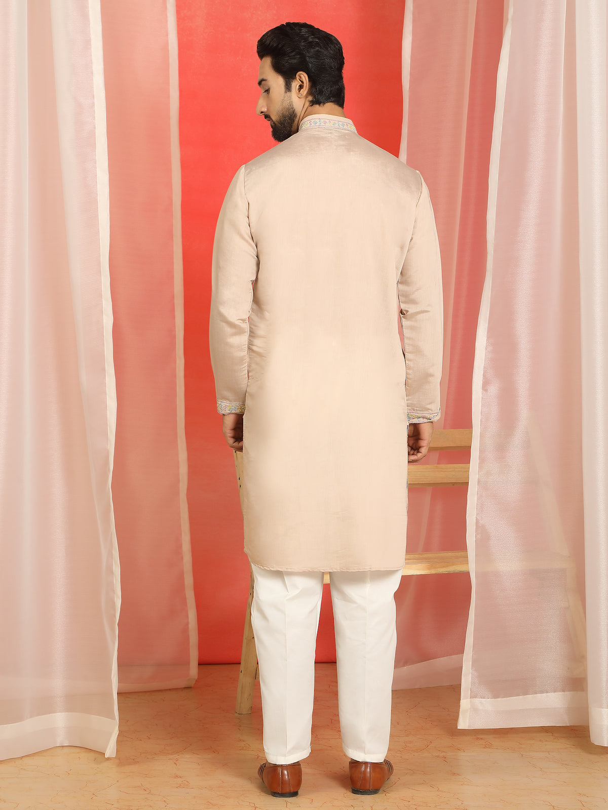 Men Cotton Silk Floral Thread Work Sequined Festive Kurta - Beige
