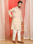 Men Cotton Silk Floral Thread Work Sequined Festive Kurta - Beige