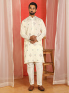 Men Cotton Silk Sequinned Floral Embroidered Straight Kurta with Trouser Set - Cream