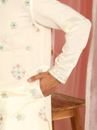 Men Cotton Silk Sequinned Floral Embroidered Straight Kurta with Trouser Set - Cream