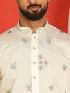 Men Cotton Silk Sequinned Floral Embroidered Straight Kurta with Trouser Set - Cream