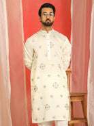 Men Cotton Silk Sequinned Floral Embroidered Straight Kurta with Trouser Set - Cream