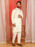 Men Cotton Silk Floral Thread Work Sequined Festive Kurta - Cream