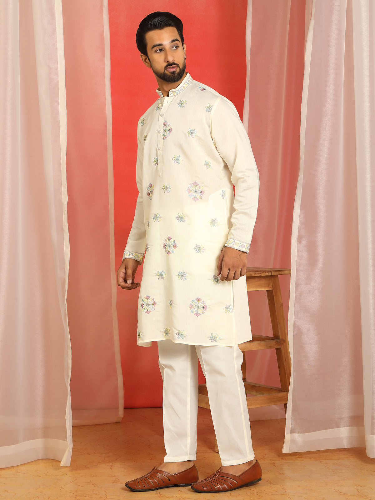 Men Cotton Silk Floral Thread Work Sequined Festive Kurta - Cream