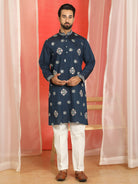 Men Cotton Silk Sequinned Floral Embroidered Straight Kurta with Trouser Set - Navy Blue