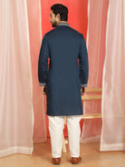 Men Cotton Silk Sequinned Floral Embroidered Straight Kurta with Trouser Set - Navy Blue