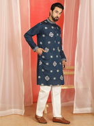 Men Cotton Silk Sequinned Floral Embroidered Straight Kurta with Trouser Set - Navy Blue
