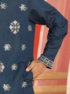 Men Cotton Silk Sequinned Floral Embroidered Straight Kurta with Trouser Set - Navy Blue