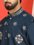 Men Cotton Silk Sequinned Floral Embroidered Straight Kurta with Trouser Set - Navy Blue