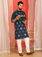 Men Cotton Silk Sequinned Floral Embroidered Straight Kurta with Trouser Set - Navy Blue