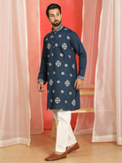 Men Cotton Silk Floral Thread Work Sequined Festive Kurta - Navy Blue