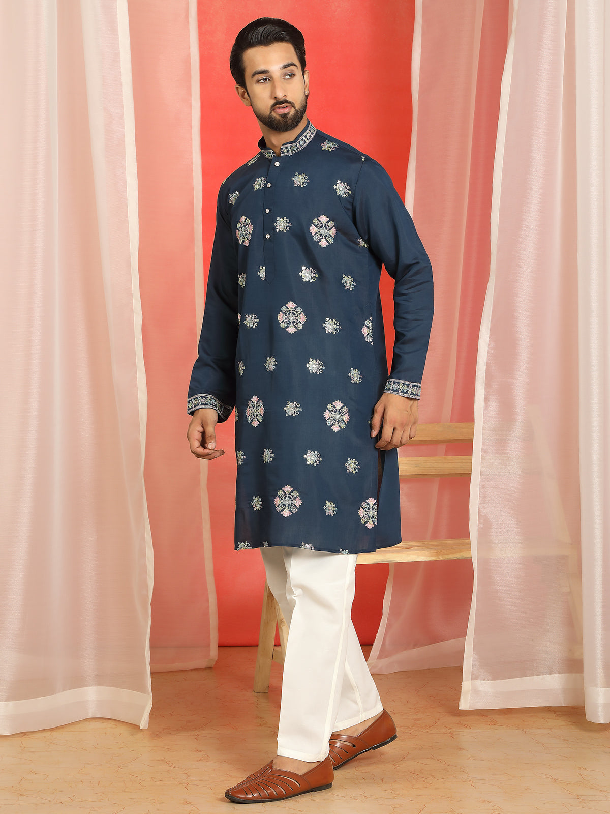 Men Cotton Silk Floral Thread Work Sequined Festive Kurta - Navy Blue