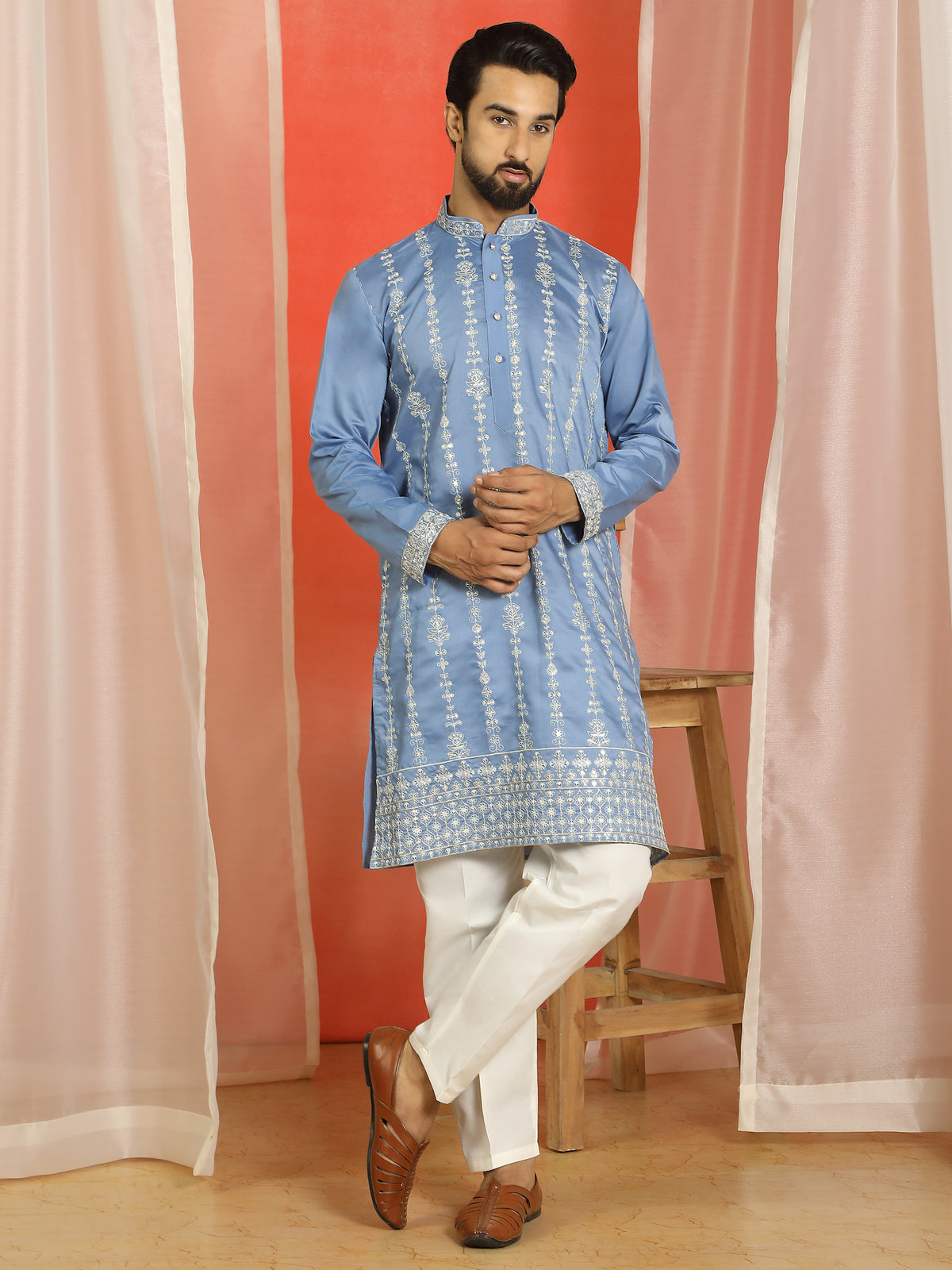 Men Cotton Silk Sequinned Floral Daman Embroidered Straight Kurta with Trouser Set - Blue