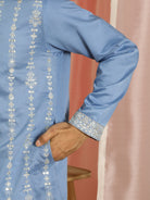 Men Cotton Silk Sequinned Floral Daman Embroidered Straight Kurta with Trouser Set - Blue