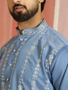 Men Cotton Silk Sequinned Floral Daman Embroidered Straight Kurta with Trouser Set - Blue