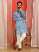 Men Cotton Silk Sequinned Floral Daman Embroidered Straight Kurta with Trouser Set - Blue