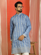 Men Cotton Silk Sequinned Floral Daman Embroidered Straight Kurta with Trouser Set - Blue