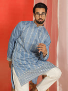 Men Cotton Silk Sequinned Floral Daman Embroidered Straight Kurta with Trouser Set - Blue