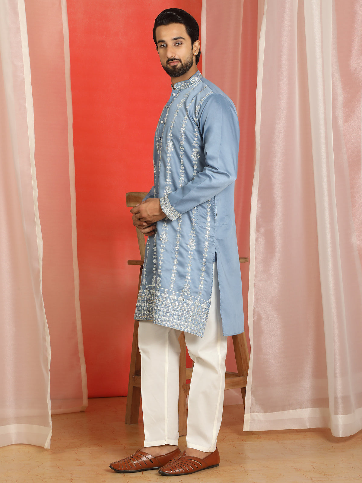Men Cotton Silk Floral Thread Work Sequined Festive Kurta - Blue