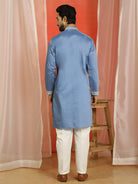 Men Cotton Silk Floral Thread Work Sequined Festive Kurta - Blue