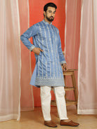 Men Cotton Silk Floral Thread Work Sequined Festive Kurta - Blue