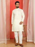 Men Cotton Silk Sequinned Floral Daman Embroidered Straight Kurta with Trouser Set - Cream