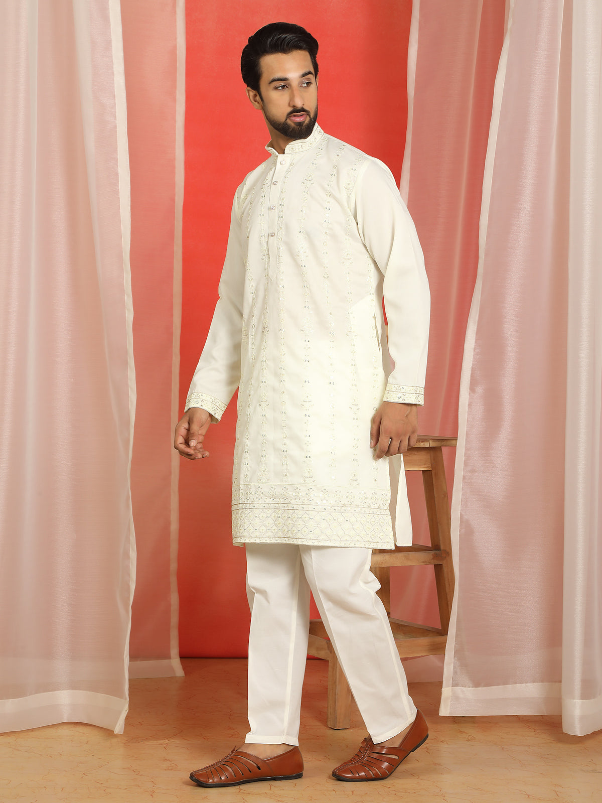 Men Cotton Silk Sequinned Floral Daman Embroidered Straight Kurta with Trouser Set - Cream