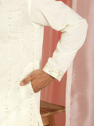 Men Cotton Silk Sequinned Floral Daman Embroidered Straight Kurta with Trouser Set - Cream