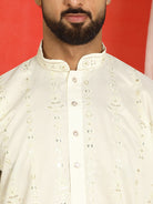 Men Cotton Silk Sequinned Floral Daman Embroidered Straight Kurta with Trouser Set - Cream
