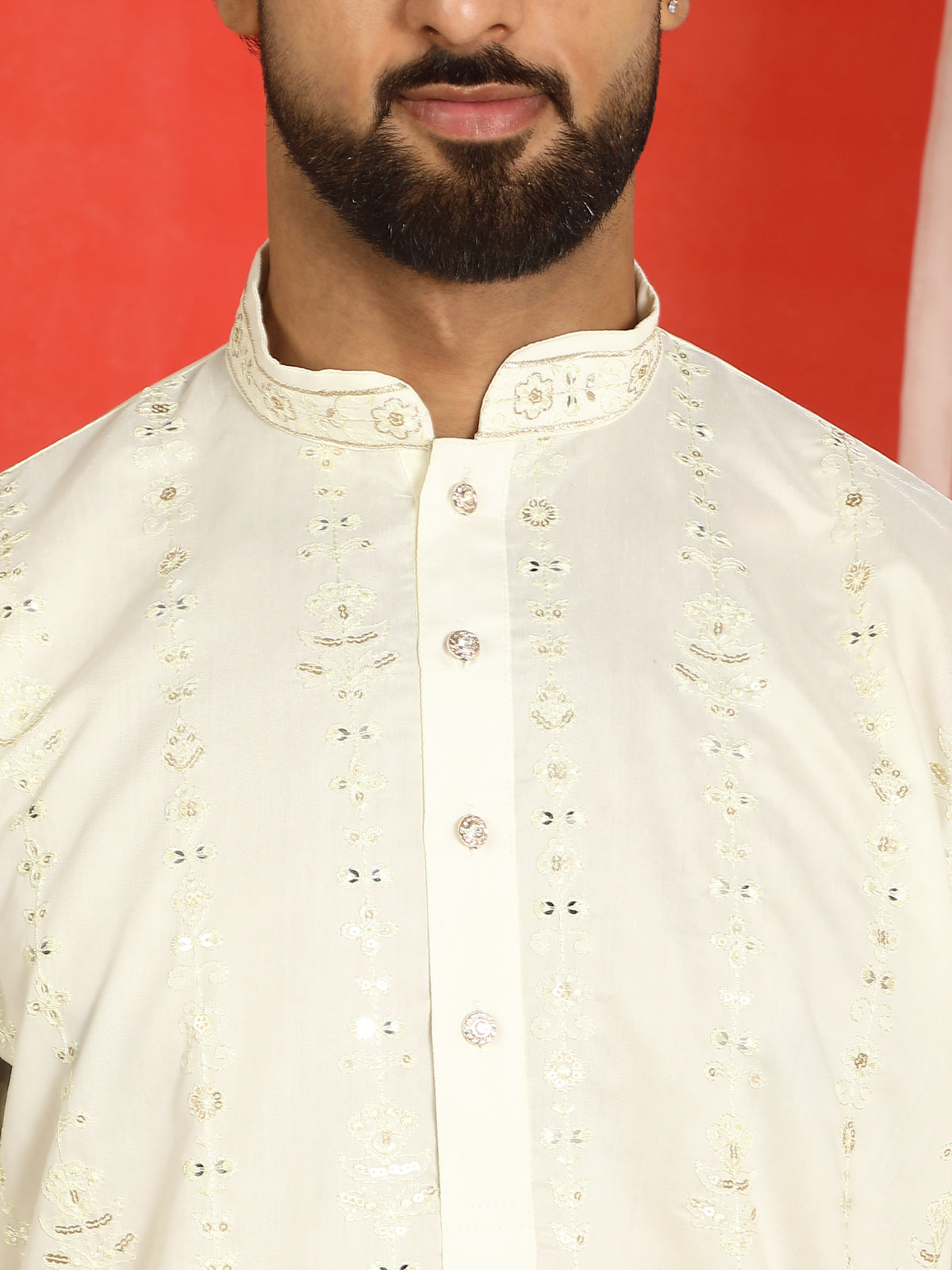 Men Cotton Silk Sequinned Floral Daman Embroidered Straight Kurta with Trouser Set - Cream