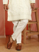 Men Cotton Silk Sequinned Floral Daman Embroidered Straight Kurta with Trouser Set - Cream
