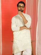 Men Cotton Silk Sequinned Floral Daman Embroidered Straight Kurta with Trouser Set - Cream
